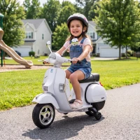 AIYAPLAY Moto Eléctrica Niños 12V Vespa PX150 Ruedas Auxiliares 2 Motores Suspensión Trasera Música Faros 3 km/h 3-6 Años Blanco(m-9)