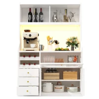 Tall Kitchen Cabinet with App-Controlled RGB LED and Glass Doors, Storage Unit with Wine Rack and 3 Drawers, 120L x 40W x 180H cm, White(m-11)
