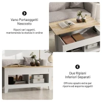 HOMCOM Tavolino da Caffè Industriale con Vano Portaoggetti, Piano Sollevabile, Tavolo Salotto per Soggiorno Casa Ufficio, 105x50x49cm, Bianco, Naturale(m-5)