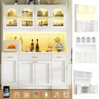 Modern Kitchen Cabinet with App-Controlled RGB LED, Storage Cabinet with Roll-Out Shelves and Glass Doors, 120L x 40W x 187H cm, White(m-4)