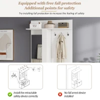 Modern Hall Tree with Mirror and Fold-Out Shoe Rack, Space-Saving Entryway Organizer with 3 Hooks and Drawers, 90L x 30W x 180H cm, White(m-7)