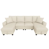 Modern Chenille U-Shaped Sectional Sofa with 2 Storage Chaise Lounges, Soft Convertible Couch with 2 Square Cushions, 272L x 131.5W x 84H cm, Beige(m-10)