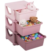 HOMCOM Organisateur de jouets pour enfants avec tiroirs à 3 niveaux, boîtes de rangement en plastique, 37 x 37 x 56,5 cm, rose(m-11)