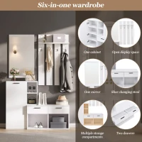 Hallway Storage Unit with Mirror and 4 Hooks, Space-Saving Shoe Cabinet with 10 Compartments for Entryway, 120L x 35W x 175.5H cm, White(m-5)