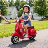AIYAPLAY Moto Eléctrica Niños 12V Vespa PX150 Ruedas Auxiliares 2 Motores Suspensión Trasera Música Faros 3 km/h 3-6 Años Rojo(m-9)