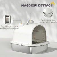 PawHut Lettiera Gatto Chiusa L in Acciaio Inox con Maniglia, Paletta, Pacchetto Deodorante, Antiperdita, Bianco(m-7)
