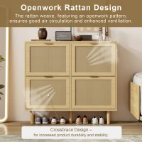 Modern Rattan Shoe Cabinet with 4 Flip Drawers, Space-Saving Storage Organiser Cupboard with Adjustable Shelves, 100L x 25W x 90.5H cm, Light Oak(m-4)