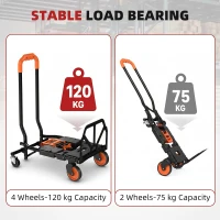 HOMCOM Steel 2-in-1 Folding Hand Truck on Wheels,  Foldable Trolley with Foldable Base, 120kg, Black and Orange(m-5)