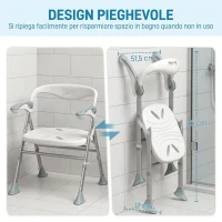 HOMCOM Sedia Doccia Pieghevole con Braccioli Ribaltabili, Sgabello Regolabile in Altezza, Senza Attrezzi, 136 kg(m-4)
