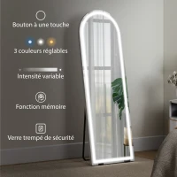 HOMCOM Miroir Pleine Longueur Arqué avec Lumières 150 x 50 cm, Couleur et Luminosité Réglables, Fonction Mémoire, Transparent(m-7)