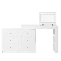 Modern L-Shaped Vanity Desk with 7 Storage Drawers, Adjustable Makeup Table Dressing Console with LED Flip Mirror, 200L x 40W x 80H cm, White(m-2)