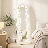 HOMCOM Miroir Pleine Longueur Ondulé 160 x 60 cm, LED 3 Couleurs, Cadre Effet Velours, Verre Trempé HD, Crème(m-10)