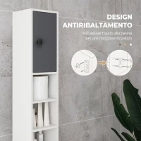 kleankin Mobile Colonna Bagno con Cassetto, 2 Armadietti e 4 Ripiani Aperti, in Legno, 20x20x180 cm, Grigio Bianco(m-5)