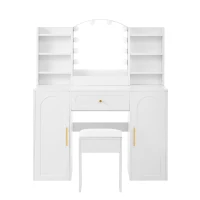 Modern Vanity Desk with Padded Stool and 2 Storage Cabinets, Makeup Dressing Table with Adjustable LED Mirror, 110L x 40W x 132H cm, White(m-2)