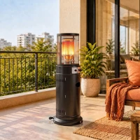Outsunny Parasol Chauffant Gaz 11 kW 30 m² Roulettes, Réglage Continu, Grille de Protection, Anti-surchauffe, 52x46x137cm, Noir(m-2)