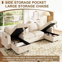 Modern Chenille U-Shaped Sectional Sofa with 2 Storage Chaise Lounges, Soft Convertible Sleeper Couch with 2 Square Cushions, 260L x 128W x 82H cm, Beige(m-5)