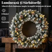 HOMCOM Coroniță de Crăciun 60 cm cu lumini LED, 8 moduri, 140 ramuri, conuri de pin, verde(m-5)