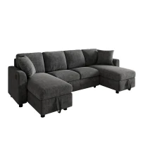 Modern U-Shaped Sectional Sofa with 2 Storage Chaise Lounges, Convertible Sleeper Couch with 2 Square Cushions, 260L x 128W x 82H cm, Gray(m-2)