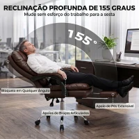HOMCOM Cadeira de Escritório Ergonómica com Apoio para os Pés Molas Ensacadas Reclinável 155° Encosto Alto Apoio de Cabeça Castanho(m-6)
