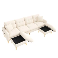 Modern U-Shaped Modular Sleeper Sofa with 2 Storage Ottomans, Soft Convertible Couch 2 Decorative Cushions, 263L x 137W x 85H cm, Beige(m-11)