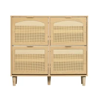 Rattan Narrow Shoe Cabinet with 4 Flip Drawers, Space-Saving Entryway Storage for Hallway, 100L x 25W x 90.5H cm, Light Oak(m-2)