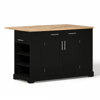 Modern Rolling Kitchen Island Trolley with Woodgrain Worktop, Mobile Storage Cart Unit with Pull-Out Bin Compartment, 138L x 86W x 92H cm, Black(m-11)