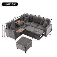 Modern Corner Sofa Bed with Reading Lamp and Fold-Out Cup Holder Table, Soft Pull-Out Sleeper Couch with Ottoman, 205L x 205W x 85H cm, Grey(m-3)