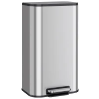HOMCOM Papelera de cocina rectangular 30L en acero inoxidable, cierre amortiguado, cubo interior extraíble, Plata(m-1)