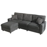 Modern Upholstered Sectional Sofa with USB Type-C Charging Ports, Soft Convertible Couch with 2 square cushions, 223L x 146W x 84H cm, Dark Grey(m-2)
