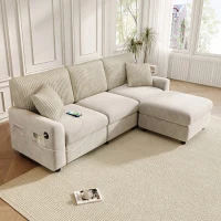 Modern Upholstered Sectional Sofa with USB Type-C Charging Ports, Soft Convertible Couch with 2 square cushions, 223L x 146W x 84H cm, Beige(m-4)