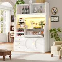 Tall Kitchen Cabinet with App-Controlled RGB LED and Glass Doors, Storage Unit with Wine Rack and 3 Drawers, 120L x 40W x 180H cm, White(m-1)
