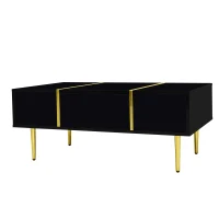 High-Gloss Coffee Table with Two Drawers and 19.5 cm Clearance, Modern Center Table for Living Room, 100L x 60W x 41.5H cm, Black+Gold(m-12)