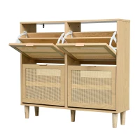 Modern Rattan Shoe Cabinet with 4 Flip Drawers, Space-Saving Storage Organiser Cupboard with Adjustable Shelves, 100L x 25W x 90.5H cm, Light Oak(m-10)