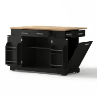 Modern Rolling Kitchen Island Trolley with Woodgrain Worktop, Mobile Storage Cart Unit with Pull-Out Bin Compartment, 138L x 86W x 92H cm, Black(m-12)
