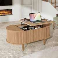 Oval Height-Adjustable Coffee Table with Flip-Top Storage, Vintage-Style Accent Table for Apartments, 100L x 48W x 53.5H cm, Walnut(m-1)