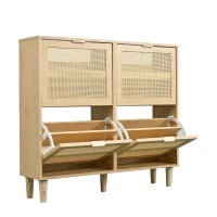 Modern Rattan Shoe Cabinet with 4 Flip Drawers, Space-Saving Storage Organiser Cupboard with Adjustable Shelves, 100L x 25W x 90.5H cm, Light Oak(m-11)