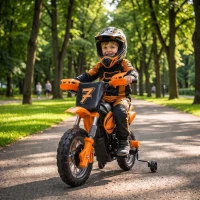 AIYAPLAY Moto Eléctrica Niños 12V 2 Ruedas Auxiliares Desmontables 2 Motores Suspensión Trasera 3 km/h 3-6 Años Naranja(m-2)