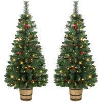 HOMCOM 2 PCs Prelit Christmas Trees with Dual-Colour LEDs, Berry, Pinecones, Battery-Operated, 11 Modes, Pot, Remote, 4ft(m-1)