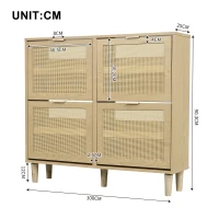 Modern Rattan Shoe Cabinet with 4 Flip Drawers, Space-Saving Storage Organiser Cupboard with Adjustable Shelves, 100L x 25W x 90.5H cm, Light Oak(m-3)