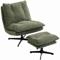 HOMCOM Loungesessel mit Hocker, 360° drehbar, Cordbezug, höhenverstellbare Fußstütze, Grün(m-12)