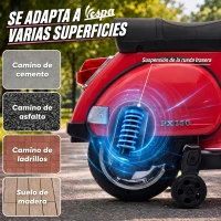 AIYAPLAY Moto Eléctrica Niños 12V Vespa PX150 Ruedas Auxiliares 2 Motores Suspensión Trasera Música Faros 3 km/h 3-6 Años Rojo(m-7)