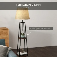 HOMCOM Lámpara de Pie con 2 Estantes de Almacenamiento con Base E27 40W Interruptor de Cadena Pantalla de Tela Marrón(m-5)