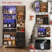 Tall Kitchen Pantry Cabinet with App-Controlled LED Lights, Freestanding Storage Cupboard with Power Outlets, 100L x 40W x 185H cm, Black+Natural(m-6)