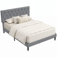 HOMCOM Bettgestell 140 x 190 cm mit Lattenrost, Gepolstertes Doppelbett mit Leinenbezug, Gepolstertes Kopfteil, 10 Latten, Grau(m-5)