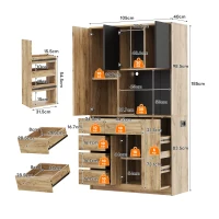 Modern Tall Kitchen Pantry Sideboard with 4-Tier Pull-Out Organiser, Freestanding Storage Cupboard with Power Outlets, 105L x 40W x 185H cm, Black(m-3)