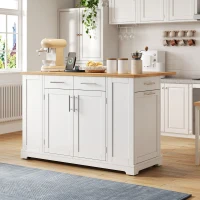 Modern Rolling Kitchen Island Trolley with Woodgrain Worktop, Mobile Storage Cart Unit with Pull-Out Bin Compartment, 138L x 86W x 92H cm, White(m-1)
