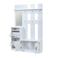 Modern Hall Tree with Coat Rack, Mirror and Shoe Bench, Space-Saving Entryway Unit with 6 Hooks and Flip Cabinets, 120L x 30W x 180H cm, White(m-15)
