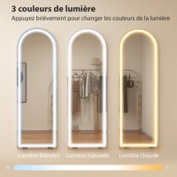 HOMCOM Miroir Pleine Longueur Arqué avec Lumières 150 x 50 cm, Couleur et Luminosité Réglables, Fonction Mémoire, Transparent(m-4)