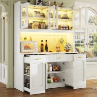 Modern Kitchen Cabinet with App-Controlled RGB LED, Storage Cabinet with Roll-Out Shelves and Glass Doors, 120L x 40W x 187H cm, White(m-7)