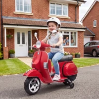 AIYAPLAY Moto Eléctrica Niños 12V Vespa PX150 Ruedas Auxiliares 2 Motores Suspensión Trasera Música Faros 3 km/h 3-6 Años Rojo(m-15)